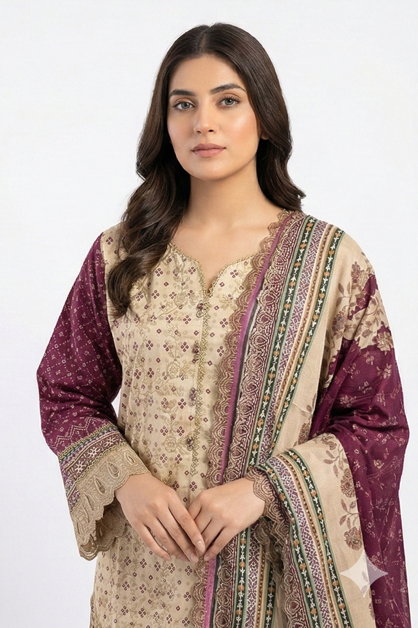 Tawakkal Lawn embroidered - Beige and maroon 3pcs