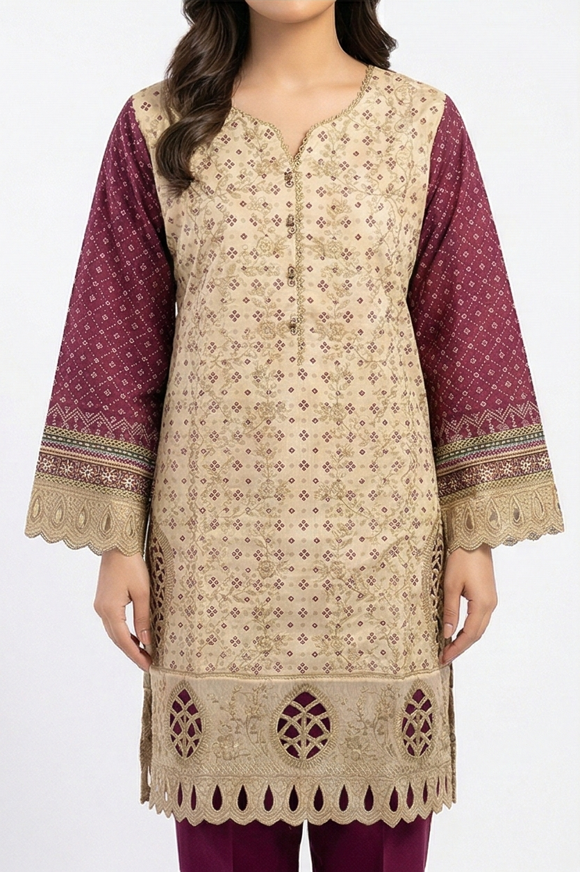 Tawakkal Lawn embroidered - Beige and maroon 3pcs