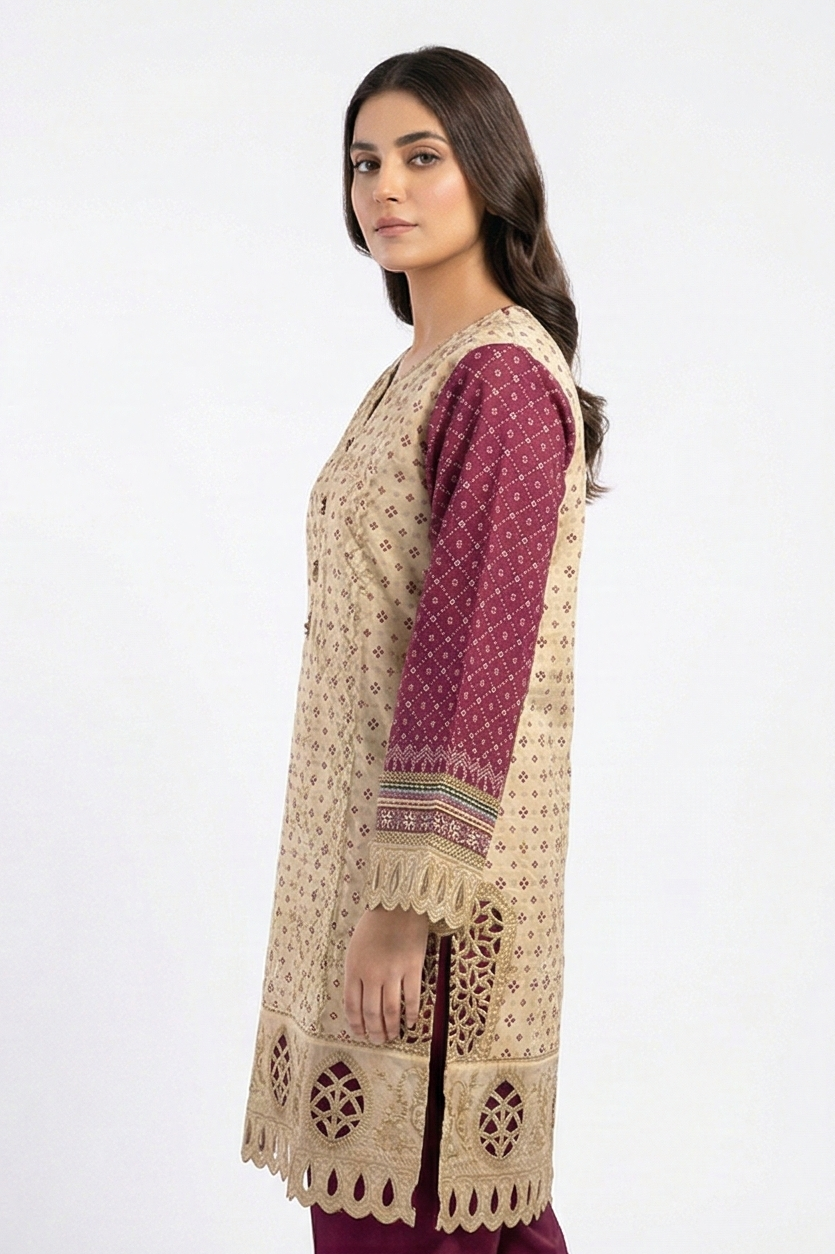 Tawakkal Lawn embroidered - Beige and maroon 3pcs