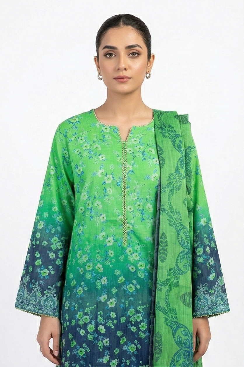 Zaraiz Bright green and blue print plazo style shalwar lawn 3pcs