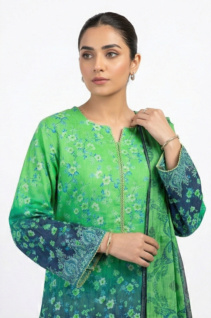 Zaraiz Bright green and blue print plazo style shalwar lawn 3pcs