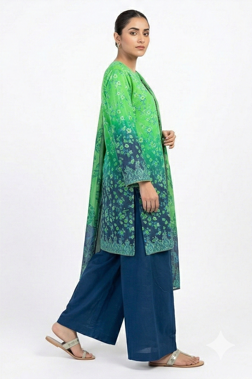 Zaraiz Bright green and blue print plazo style shalwar lawn 3pcs