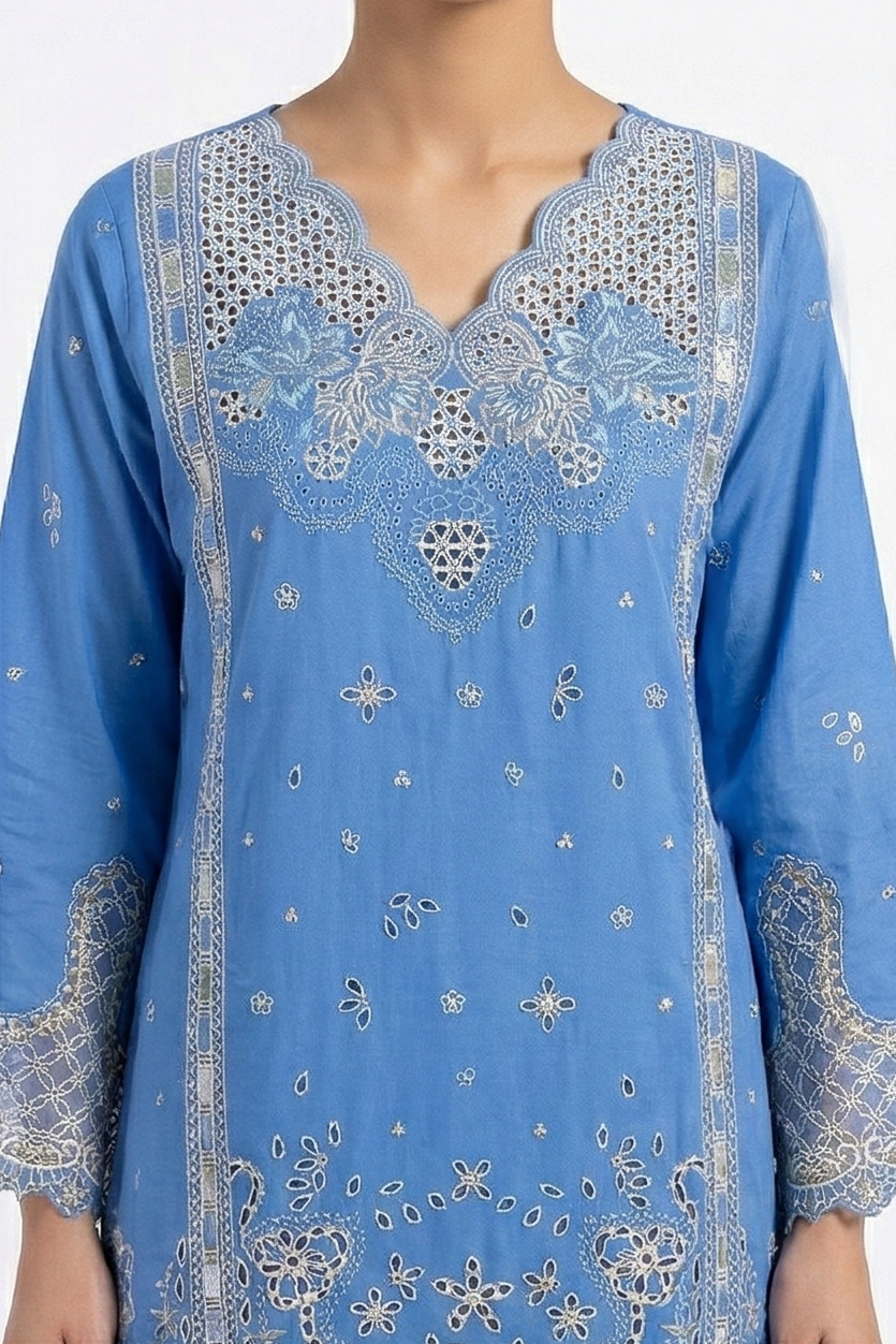 Zaraiz Luxury Bright blue embroidered with cut work 3pcs