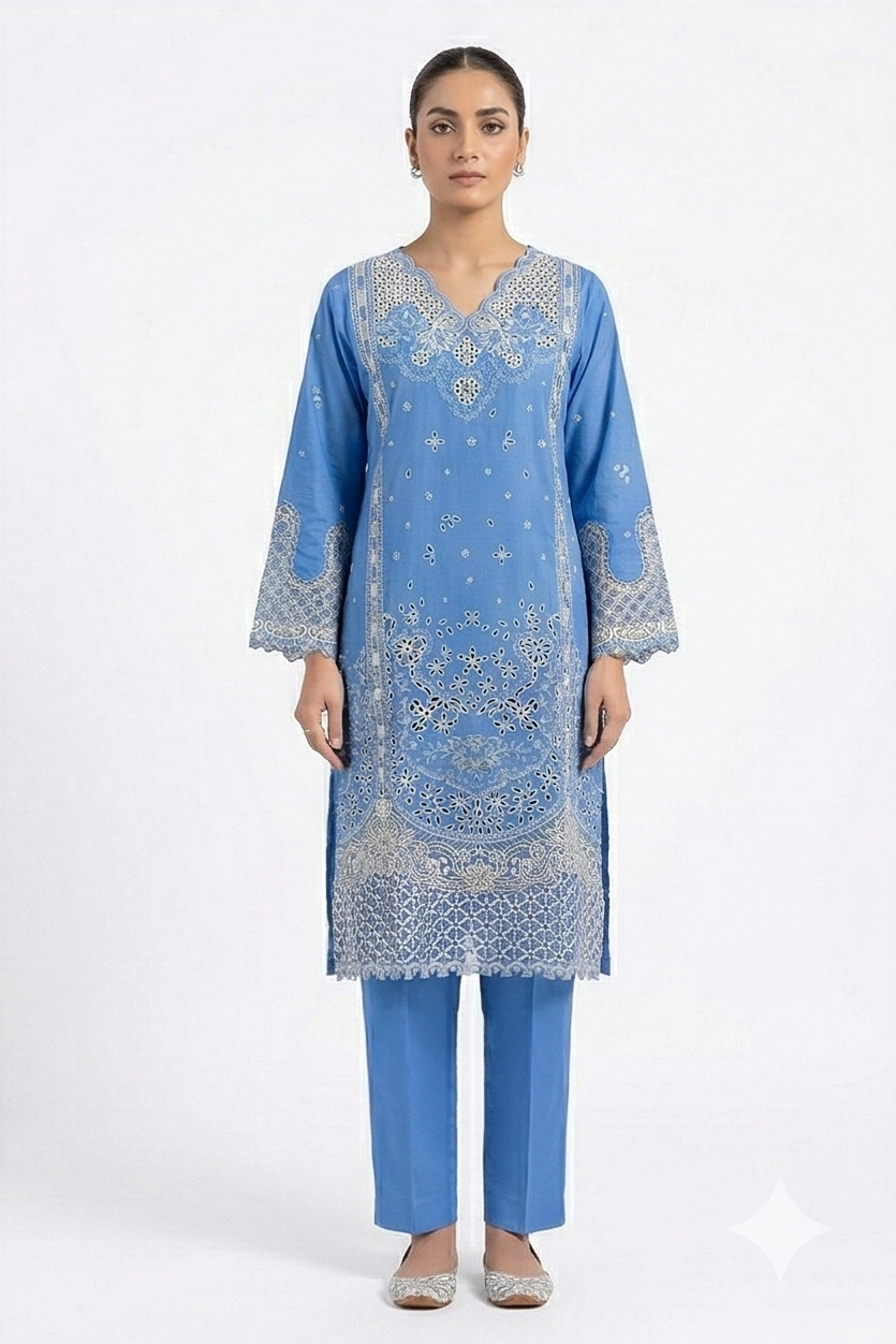 Zaraiz Luxury Bright blue embroidered with cut work 3pcs