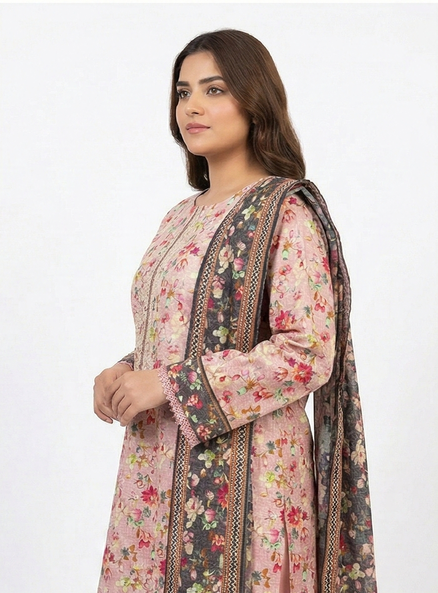 Zaraiz Light khaddar - pink peach floral embroidered 3pcs