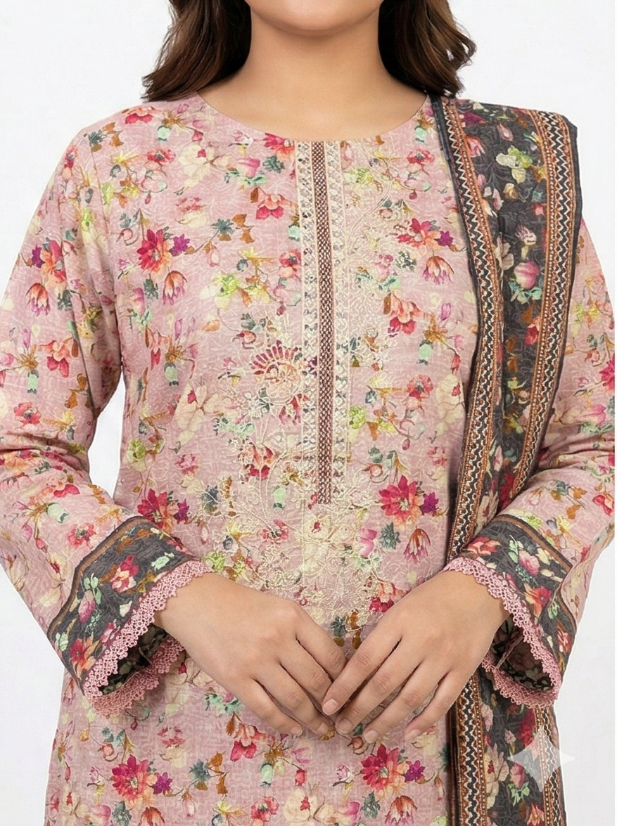 Zaraiz Light khaddar - pink peach floral embroidered 3pcs