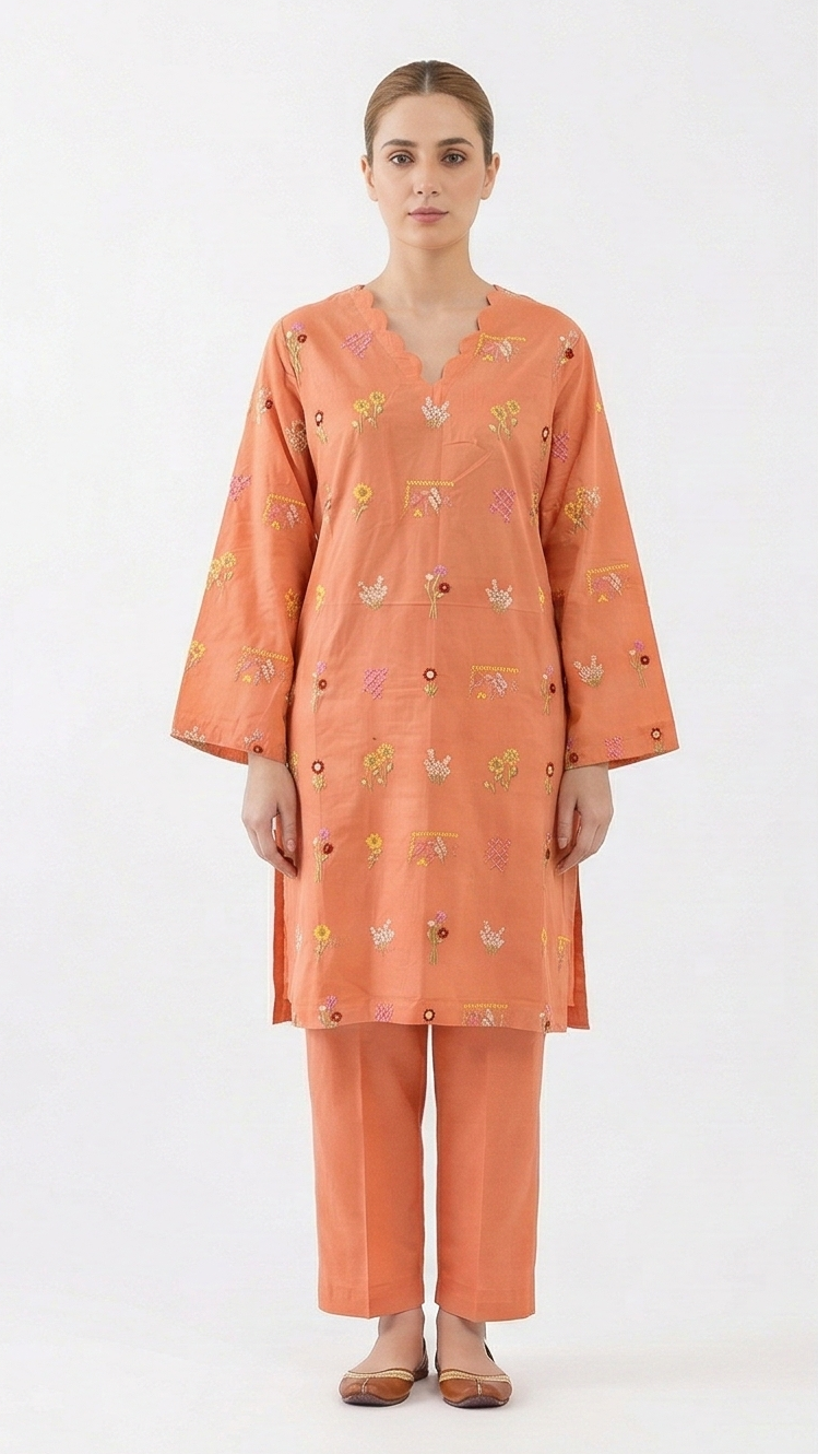 Sapphire Light orange cotton embroidered 2pcs
