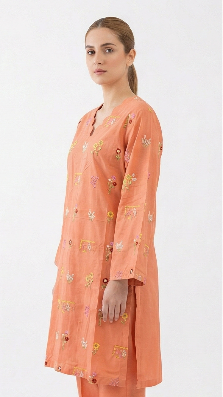 Sapphire Light orange cotton embroidered 2pcs