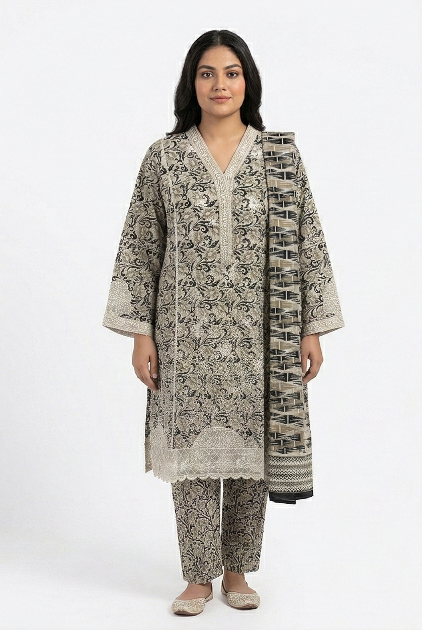 Zaraiz Luxury Cotton embroidered v neck 3pcs