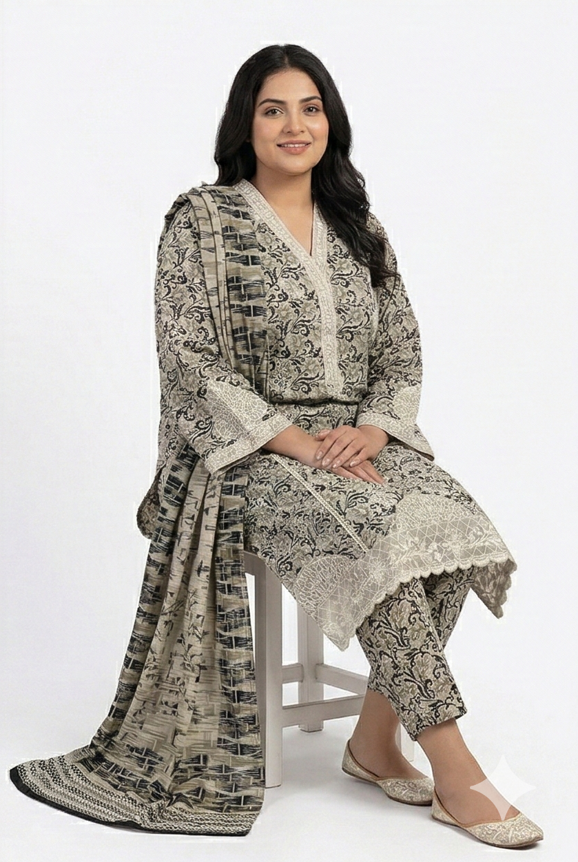 Zaraiz Luxury Cotton embroidered v neck 3pcs