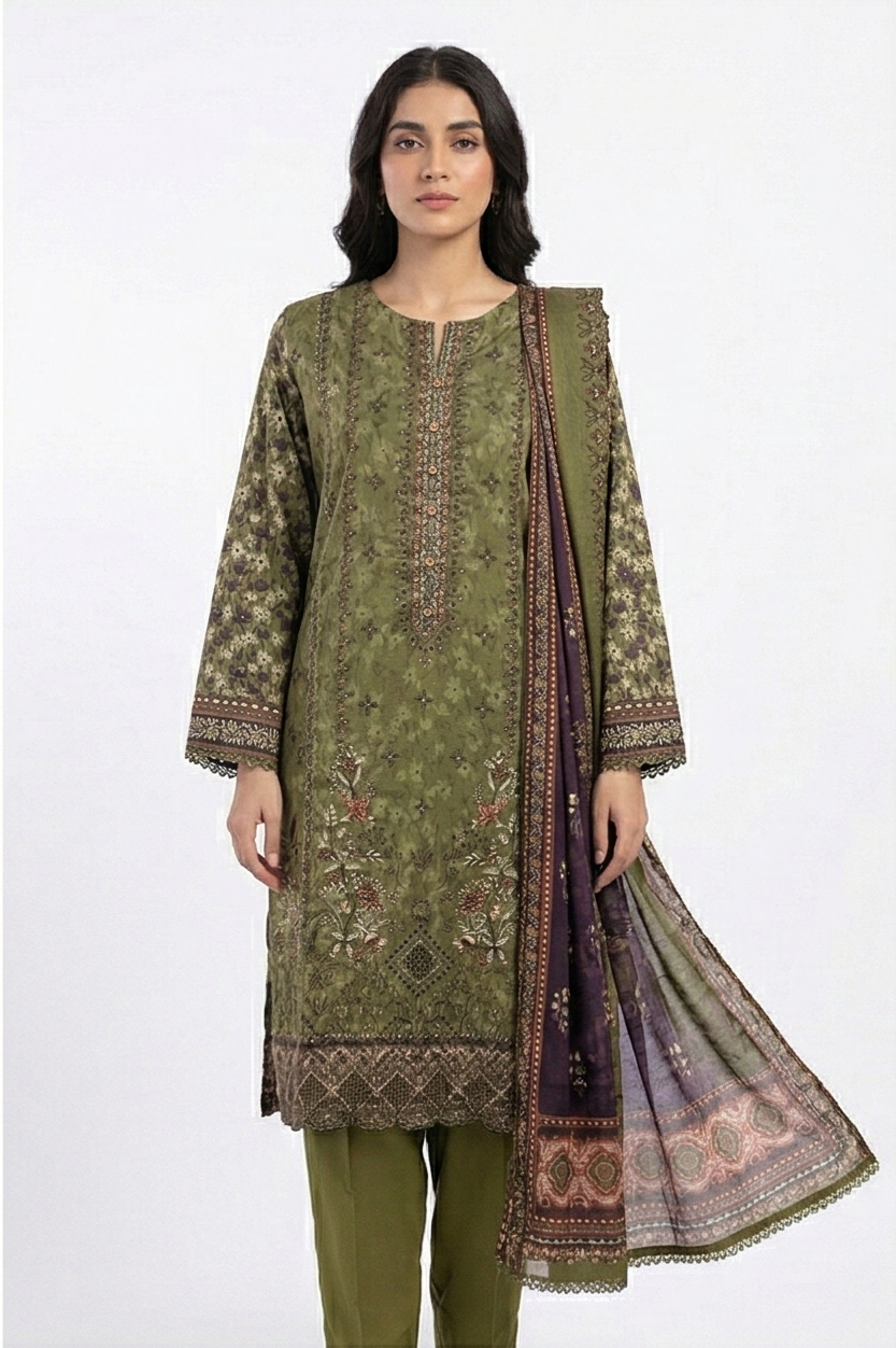 Tawakkal green lawn embroidered digital print dupatta 3pcs